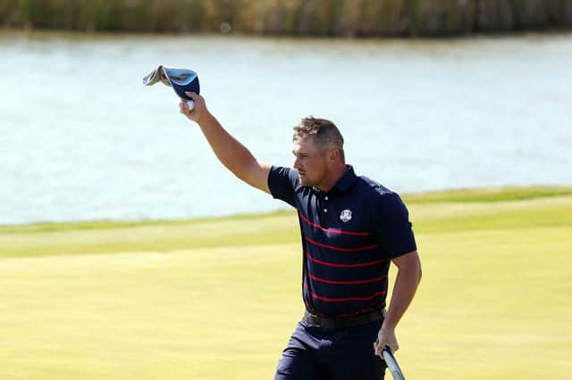Bryson DeChambeau ackmowledges the crowd after following up his 417-drive by making an eagle-3 at the fifth in the afternoon fourballs on day one of the 43rd Ryder Cup at Whistling Straits. Picture: Stacy Revere/Getty Images.