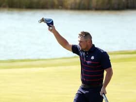 Bryson DeChambeau ackmowledges the crowd after following up his 417-drive by making an eagle-3 at the fifth in the afternoon fourballs on day one of the 43rd Ryder Cup at Whistling Straits. Picture: Stacy Revere/Getty Images.
