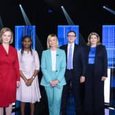 Rishi Sunak, Liz Truss, Kemi Badenoch,Tom Tugendhat and Penny Mordaunt with presenter Julie Etchingham taking part in Britain's Next Prime Minister: The ITV Debate.