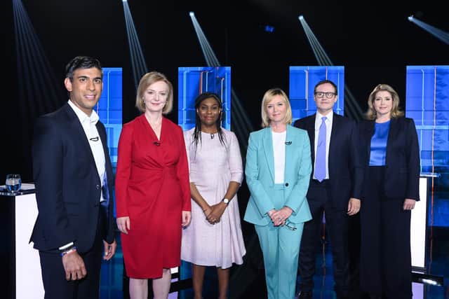 Rishi Sunak, Liz Truss, Kemi Badenoch,Tom Tugendhat and Penny Mordaunt with presenter Julie Etchingham taking part in Britain's Next Prime Minister: The ITV Debate.