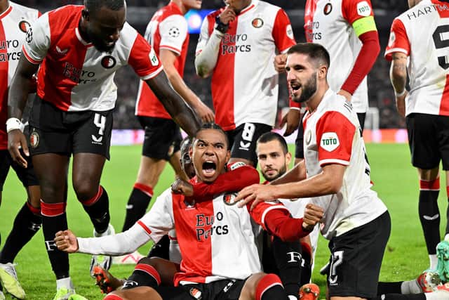 Feyenoord's Calvin Stengs celebrates after opening the scoring against Celtic.