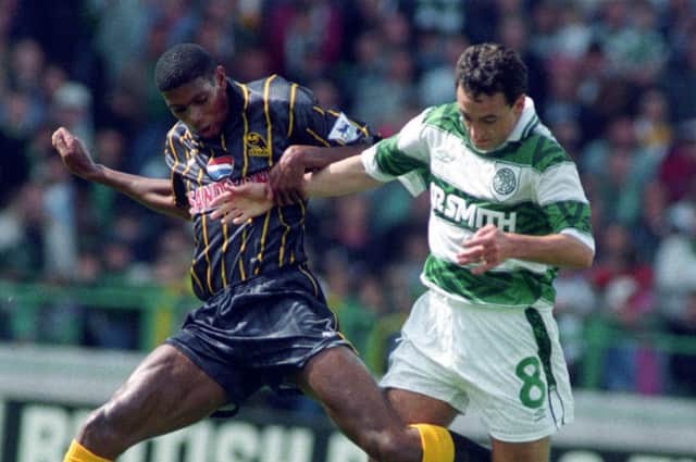 Paul McStay (right) battles for the ball with Carlton Palmer during a pre-season friendly between Celtic and Sheffield Wednesday in July, 1993. Picture: SNS