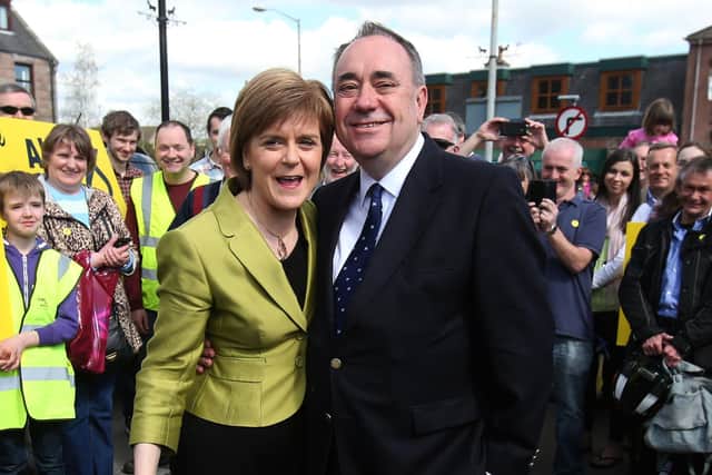 First Minister Nicola Sturgeon with Alex Salmond in Inverurie. Picture: PA