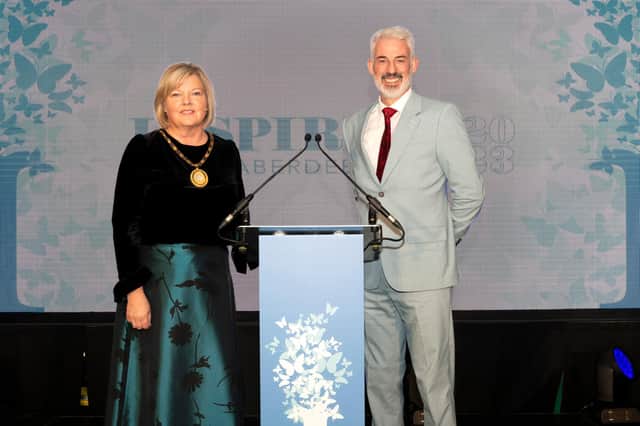 Provost Cllr Judy Whyte and STV presenter Chris Harvey at last year's Inspiring Aberdeenshire awards.