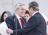 Labour leader Sir Keir Starmer, right, and former Prime Minister Gordon Brown greet each other during the launch of the latter's report on constitutional change (Picture: Danny Lawson/PA)