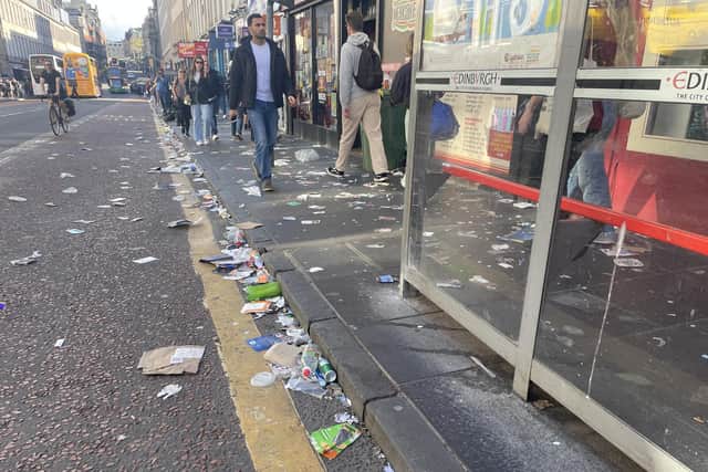 The capital's South Bridge -- strewn with rubbish as hordes visit the city for the first full-scale Edinburgh Festival since the coronavirus pandemic broke out. Picture: Ilona Amos