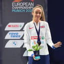 Bronze medalist Eilish McColgan of Great Britain poses on the podium during the Athletics - Women's 5000m Final medal ceremony on day 8 of the European Championships Munich 2022 at Olympiapark on August 18, 2022 in Munich, Germany. (Photo by Alexander Hassenstein/Getty Images)