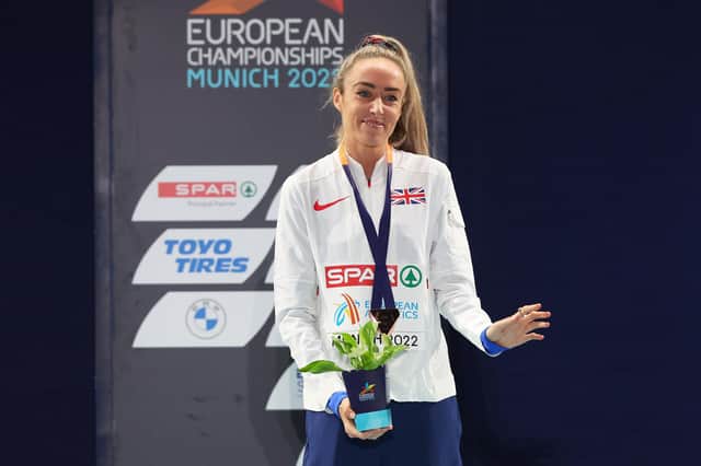 Bronze medalist Eilish McColgan of Great Britain poses on the podium during the Athletics - Women's 5000m Final medal ceremony on day 8 of the European Championships Munich 2022 at Olympiapark on August 18, 2022 in Munich, Germany. (Photo by Alexander Hassenstein/Getty Images)