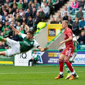 Hibs' debutant Mykola Kukharevych tries an acrobatic effort on goal during the 3-1 win over Aberdeen at Easter Road on Saturday.  (Photo by Paul Devlin / SNS Group)