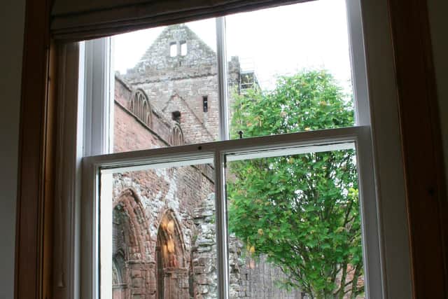 Abbey Cottage Tearoom in Dumfries showing the view of Sweetheart Abbey.