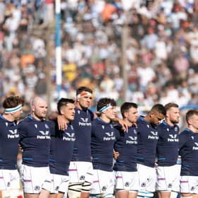 Scotland players line up before the victory over Argentina at the Padre Ernesto Martearena Stadium in Salta. (Photo by PABLO GASPARINI/AFP via Getty Images)