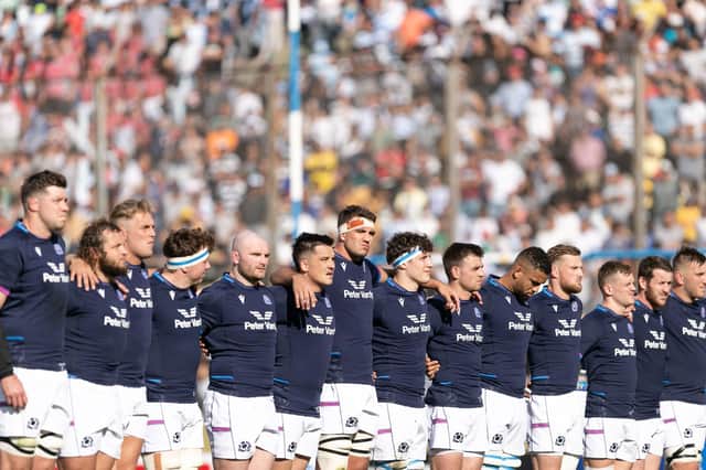 Scotland players line up before the victory over Argentina at the Padre Ernesto Martearena Stadium in Salta. (Photo by PABLO GASPARINI/AFP via Getty Images)