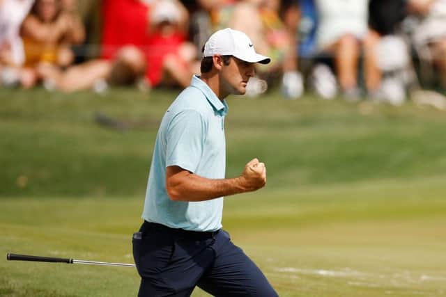 Scottie Scheffler celebrates chipping in for birdie on the eighth hole during the final round of The Players Championship at TPC Sawgrass in Ponte Vedra Beach. Picture: Jared C. Tilton/Getty Images.
