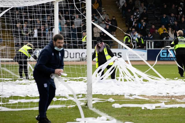 Rangers' fans protest against the Old Firm friendly in Austrialia forcing the match against Dundee at Dens Park to be delayed.  (Photo by Alan Harvey / SNS Group)