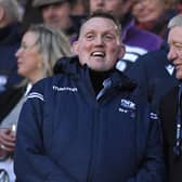 Former Scotland players Doddie Weir and John Jeffrey share a smile during the 2020 Guinness Six Nations match between Scotland and England at Murrayfield in 2020.