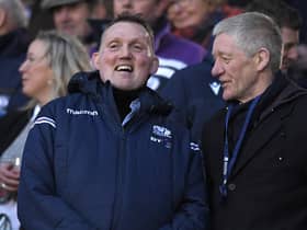Former Scotland players Doddie Weir and John Jeffrey share a smile during the 2020 Guinness Six Nations match between Scotland and England at Murrayfield in 2020.