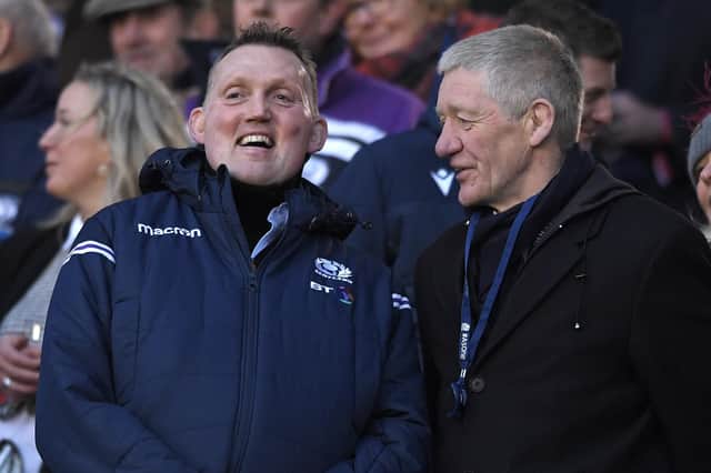 Former Scotland players Doddie Weir and John Jeffrey share a smile during the 2020 Guinness Six Nations match between Scotland and England at Murrayfield in 2020.