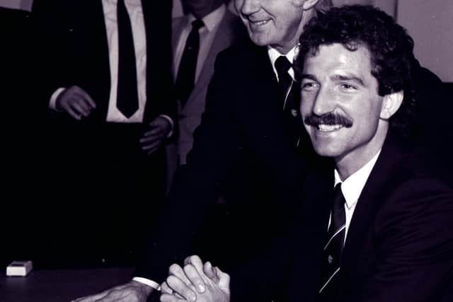 Holmes (left) unveils Graeme Souness as the new Rangers manager in 1987.