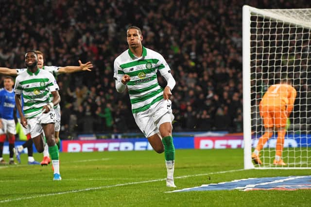 Celtic's Christopher Jullien celebrates scoring the winner in the Betfred Cup Final of 2019. (Photo by Craig Williamson / SNS Group)