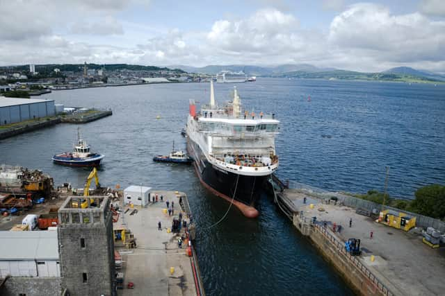 Glen Sannox will spend three weeks in dry dock in Greenock. Picture: Steve McIntosh Drone Services