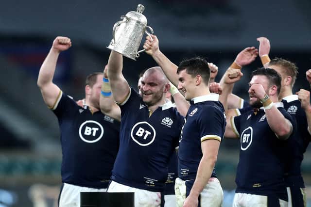 Debutants Dave Cherry and Cameron Redpath lift the Calcutta Cup after Scotland's win at Twickenham in 2021.  Picture: David Davies/PA Images