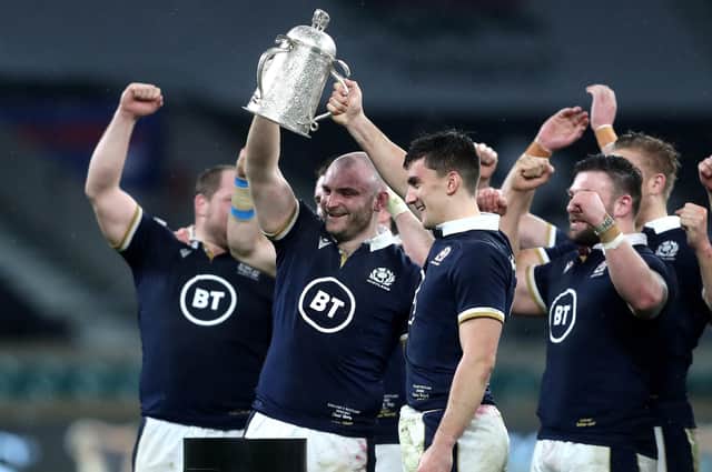 Debutants Dave Cherry and Cameron Redpath lift the Calcutta Cup after Scotland's win at Twickenham in 2021.  Picture: David Davies/PA Images