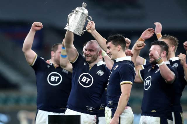 Debutants Dave Cherry and Cameron Redpath lift the Calcutta Cup after Scotland's win at Twickenham in 2021. Picture: David Davies/PA Images