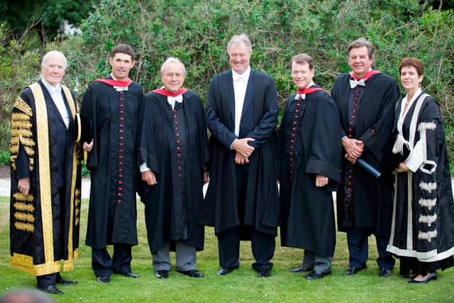 Jim Farmer, centre, was presented with the St Andrews University Medal in recognition of his lifetime achievements and outstanding contribution to the community of St Andrews in 2010 at a ceremony that also saw Padraig Harrington, Arnold Palmer, Tom Watson and Johann Rupert, CEO of Richemont Group, honoured.