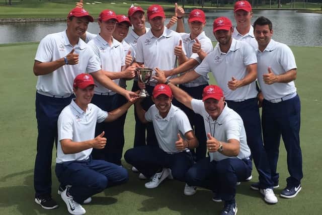 Collin Morikawa, front row centre, celebrates with his team-mates after the US won the 2017 Palmer Cup at Atlanta Athletic Club. Picture: @GolfChannel