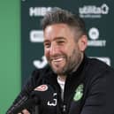 Hibs manager Lee Johnson speaks to the media ahead of the final Edinburgh derby of the season against Hearts at Tynecastle.  (Photo by Paul Devlin / SNS Group)