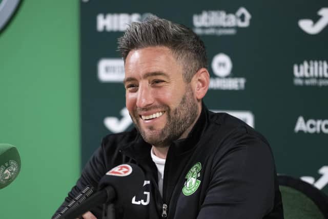 Hibs manager Lee Johnson speaks to the media ahead of the final Edinburgh derby of the season against Hearts at Tynecastle. (Photo by Paul Devlin / SNS Group)