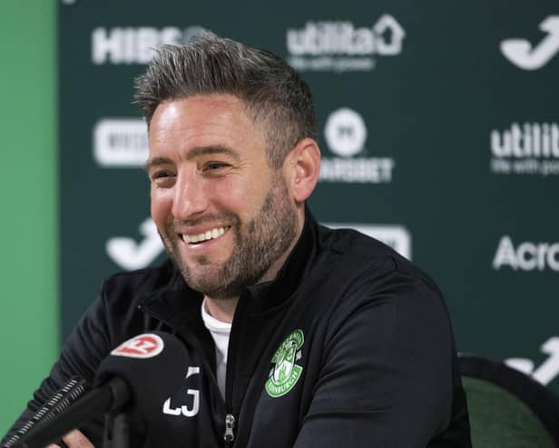 Hibs manager Lee Johnson speaks to the media ahead of the final Edinburgh derby of the season against Hearts at Tynecastle.  (Photo by Paul Devlin / SNS Group)
