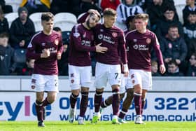 Jorge Grant celebrates with Kenneth Vargas after scoring to make it 1-0 against St Mirren.