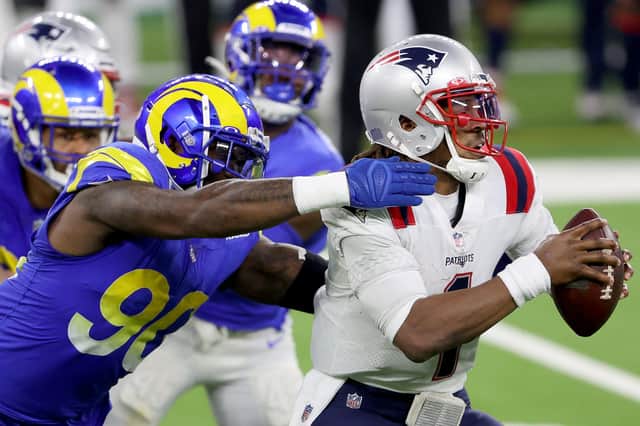 Michael Brockers of the Los Angeles Rams sacks New England Patriots' Cam Newton during the Rams win at the SoFi Stadium in Inglewood, California. Picture: Sean M. Haffey/Getty Images