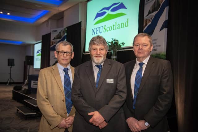 NFU Scotland President Martin Kennedy (centre) returning Vice-President Andrew Connon (right) and newly elected Vice-President Alasdair Macnab.