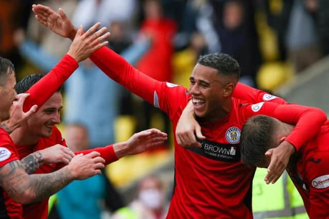 St Mirren's Ethan Erhahon celebrates making it 1-0. (Photo by Alan Harvey / SNS Group)
