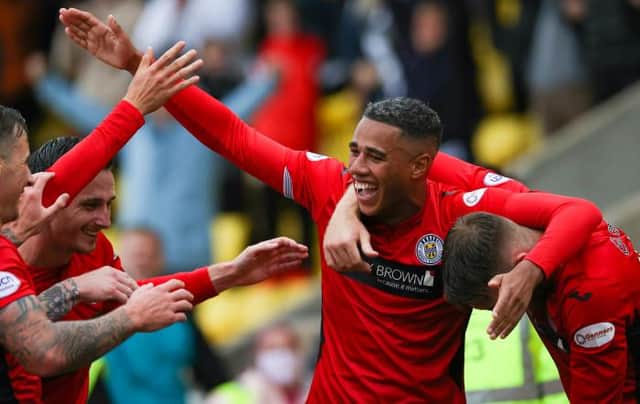 St Mirren's Ethan Erhahon celebrates making it 1-0. (Photo by Alan Harvey / SNS Group)