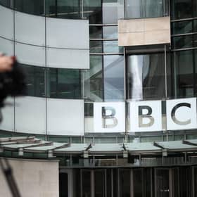 A member of the media outside BBC Broadcasting House in central London. Picture: Henry Nicholls/AFP via Getty Images