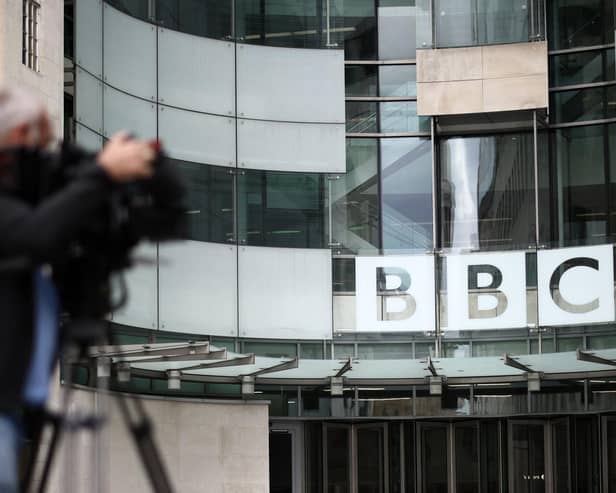 A member of the media outside BBC Broadcasting House in central London. Picture: Henry Nicholls/AFP via Getty Images
