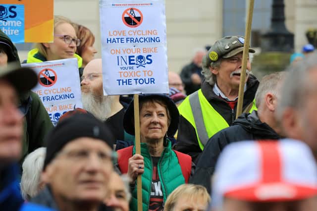 Anti-fracking protesters demonstrate over Ineos's involvement in the Ineos Grenadiers cycling team at the start Tour de Yorkshire (Picture: Chris Etchells)