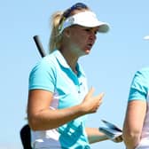 Anna Nordqvist talks with Matilda Castren during a practice round ahead of the 17th Solheim Cup at Inverness Golf Club in Toledo, Ohio. Picture: Maddie Meyer/Getty Images.