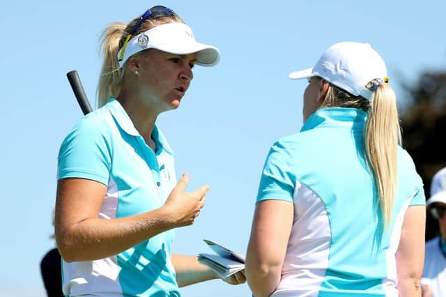 Anna Nordqvist talks with Matilda Castren during a practice round ahead of the 17th Solheim Cup at Inverness Golf Club in Toledo, Ohio. Picture: Maddie Meyer/Getty Images.