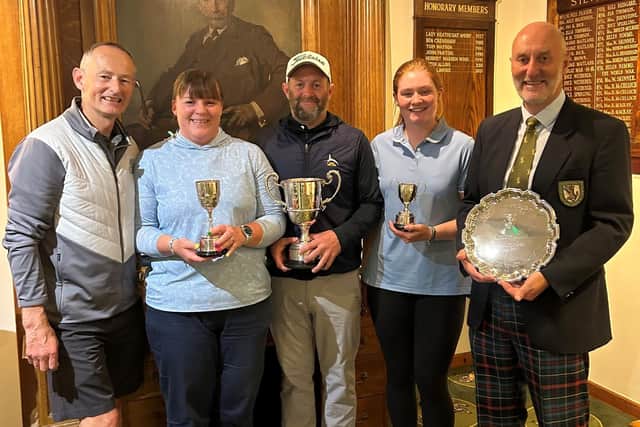Chris Mailey, centre, celebrates his latest title triumph with the other club championship winners this year at Royal Dornoch. Picture: Royal Dornoch Golf Club