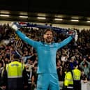 Raith's Kevin Dabrowski celebrates the win over Partick Thistle.