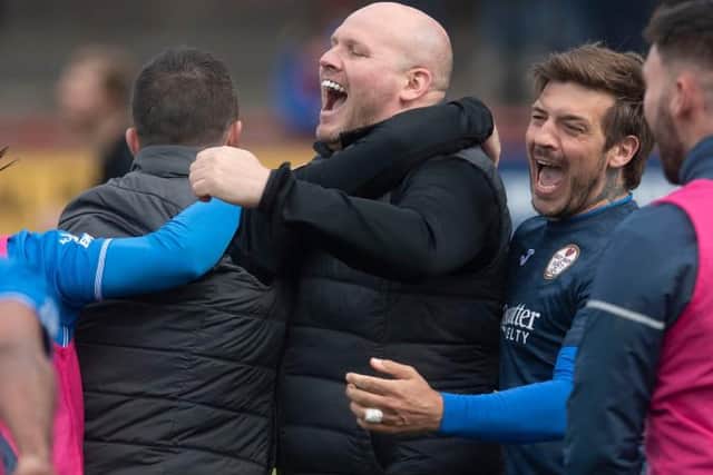 Kelty assistant manager Bob Malcolm celebrates at full time during a Scottish League Two play-off final second leg between Brechin City and Kelty Hearts at Glebe Park, on May 23, 2021, in Brechin, Scotland (Photo by Craig Foy / SNS Group)