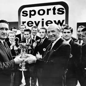 Matt Busby presenting Jock Stein with the team prize at the BBC's Sport Review of 1967 in recognition of Celtic's European Cup triumph in Lisbon