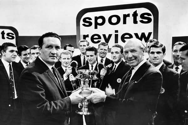 Matt Busby presenting Jock Stein with the team prize at the BBC's Sport Review of 1967 in recognition of Celtic's European Cup triumph in Lisbon