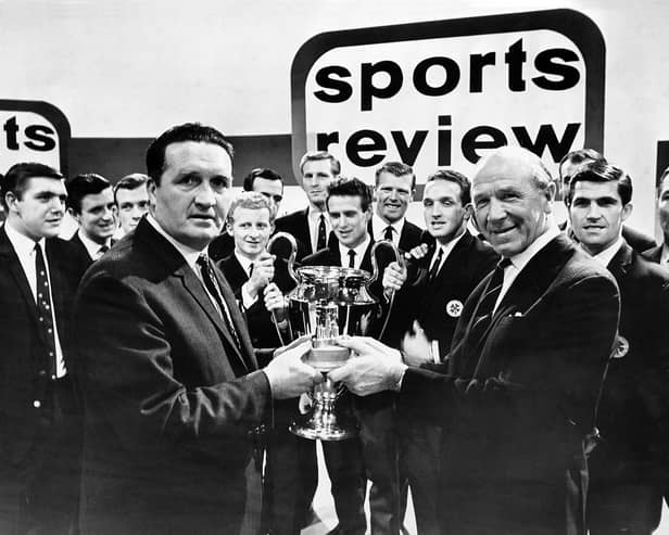 Matt Busby presenting Jock Stein with the team prize at the BBC's Sport Review of 1967 in recognition of Celtic's European Cup triumph in Lisbon