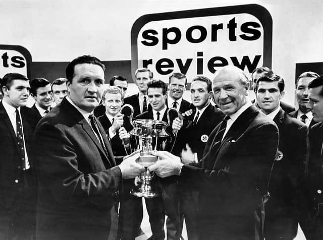 Matt Busby presenting Jock Stein with the team prize at the BBC's Sport Review of 1967 in recognition of Celtic's European Cup triumph in Lisbon