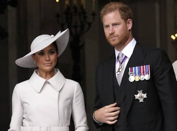 Prince Harry and Meghan, Duchess of Sussex leave after a service of thanksgiving for the reign of Queen Elizabeth II at St Paul's Cathedral in London. Picture: AP Photo/Matt Dunham, Pool